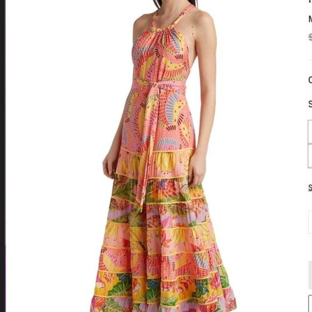 Farm Rio Mixed Pink Prints Maxi Dress Tropical Banana Tiered Halter Multi S - Picture 2 of 16